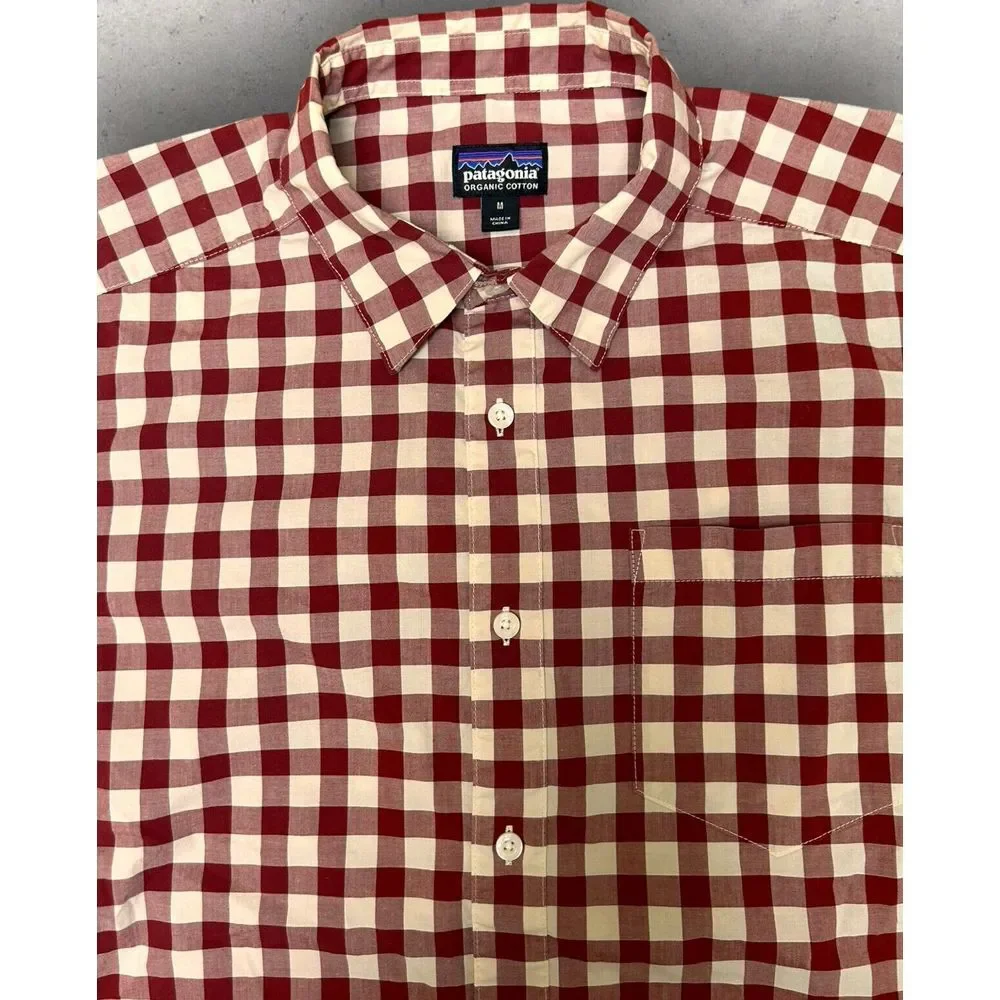Patagonia Shirt Mens Medium Red‎ White Plaid Short Sleeve Button Up